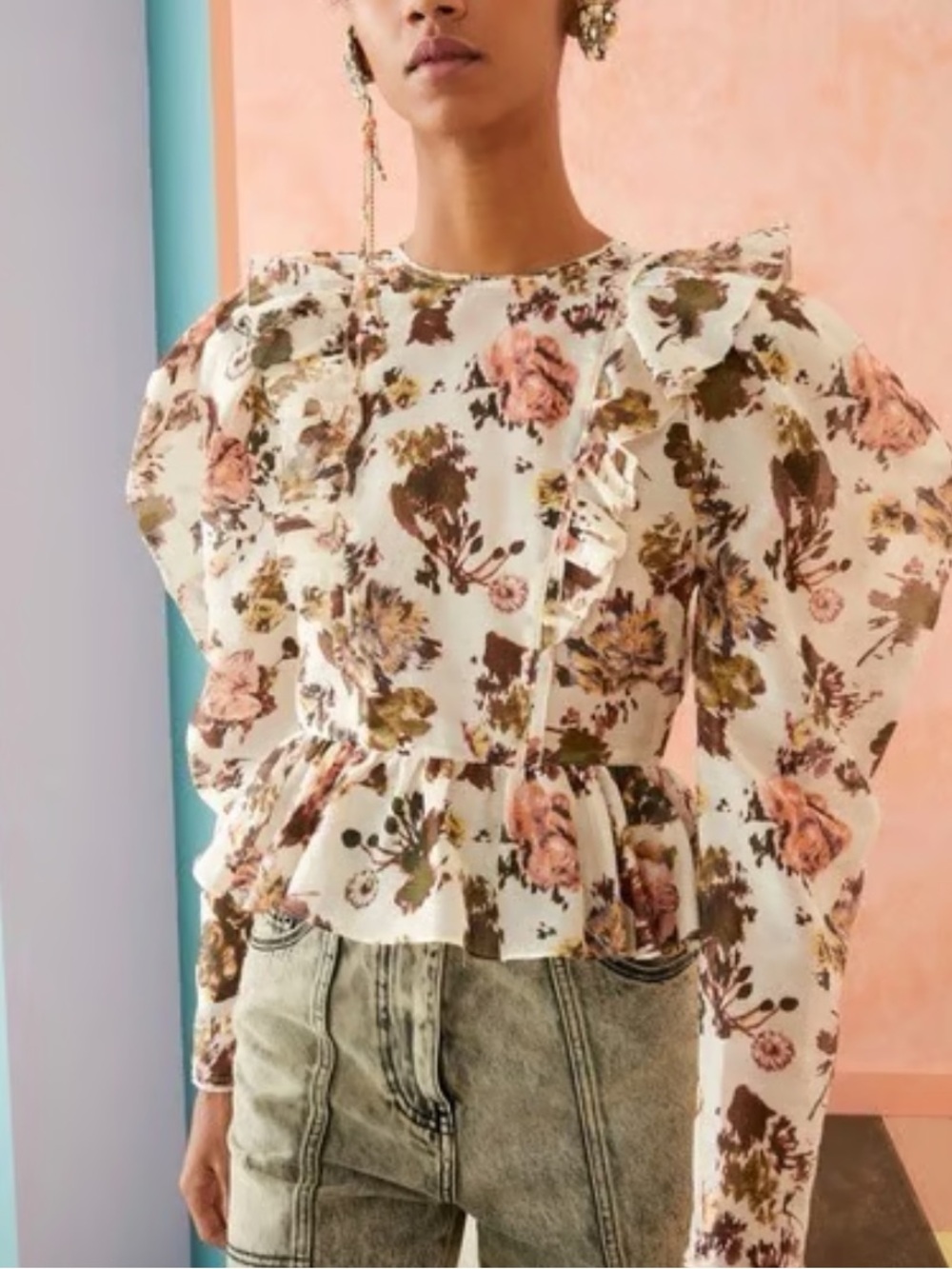Ulla Johnson Cream Floral Ruffle Peplum Blouse with Pink/Olive Accents size 6